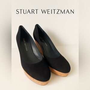 Stuart Weitzman Black Suede Cork Platform Pumps Women’s Size 10M Round Toe Heels